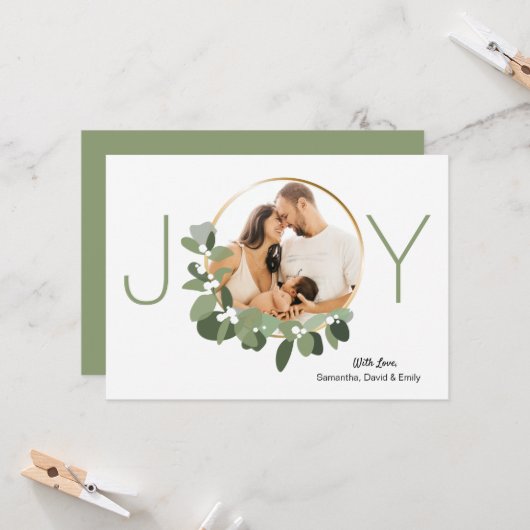 ミニマルリースジョイカスタムフォトクリスマス カード (正面/裏面インサイチュ)