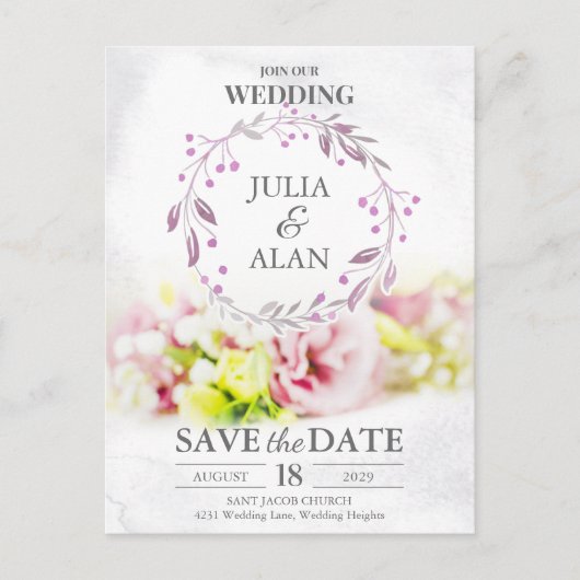 ミニマルリースフローラ日付の保結婚存 ポストカード (正面)