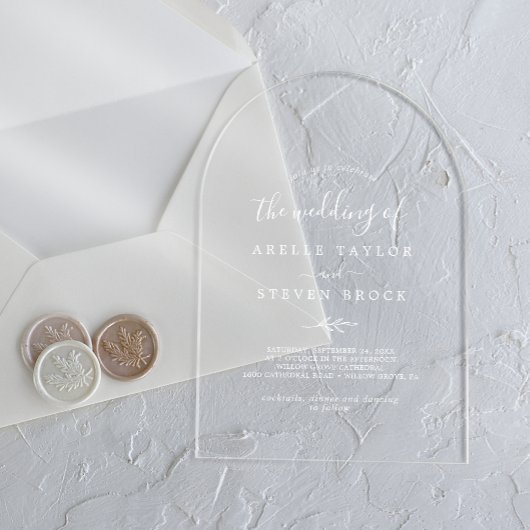 ミニマルリーフ白モダンシンプル植物学結婚の アクリル招待状