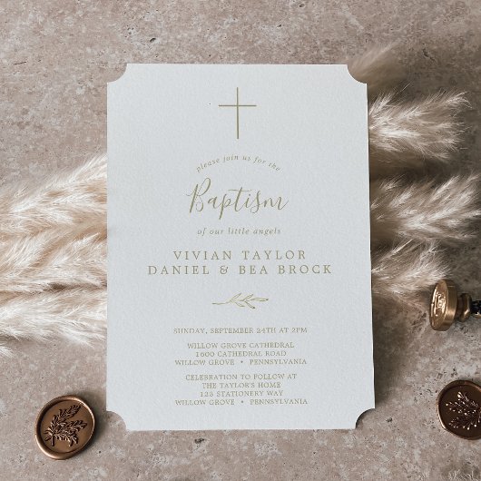 ミニマルリーフ | ゴールド2または3名 洗礼 招待状