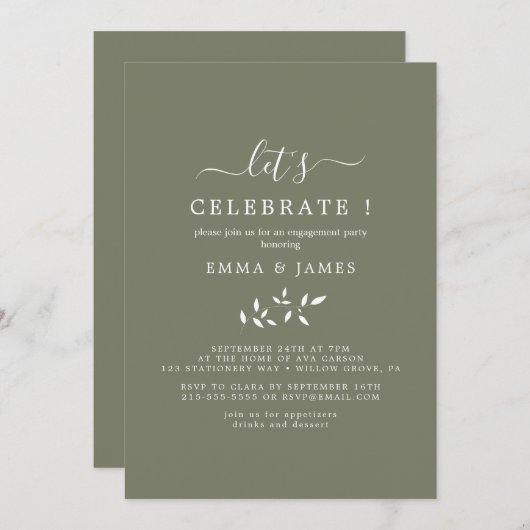 ミニマルリーフ | ダークグリーン "お祝いしよう"  招待状 (正面/裏面)