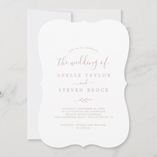 ミニマルリーフ | ブラッシュピンク モノグラム バック ウェディング 招待状 (正面)