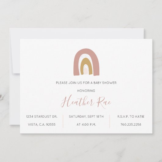 ミニマルレインボーテーマ赤面マスタードピンクベビー 招待状 (正面)