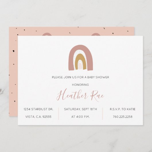 ミニマルレインボーテーマ赤面マスタードピンクベビー 招待状 (正面/裏面)