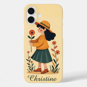 ミニマルレトロガールモダンフローラ60sアートギフト iPhone 16 plusケース