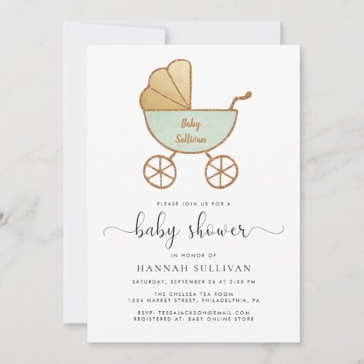 ミニマルレトロキャリッジミント金ゴールドかわいい赤ちゃんシャワー 招待状 (正面)