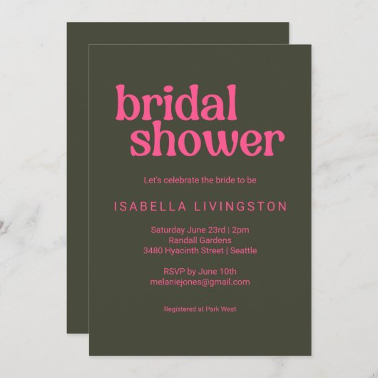 ミニマルレトログルービーピンクグリーンブライダルシャワー 招待状 (正面/裏面)