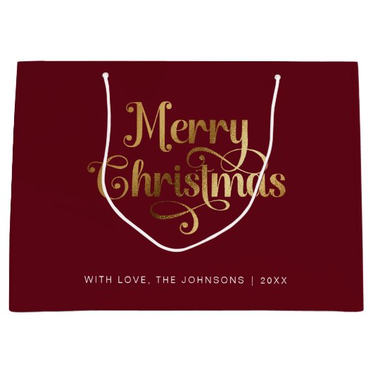 ミニマルレトロシック赤金ゴールドメリークリスマス ラージペーパーバッグ (正面)