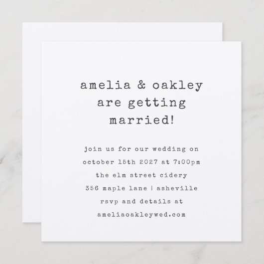 ミニマルレトロタイプライターブラッククラフト結婚ズ 招待状 (正面/裏面)