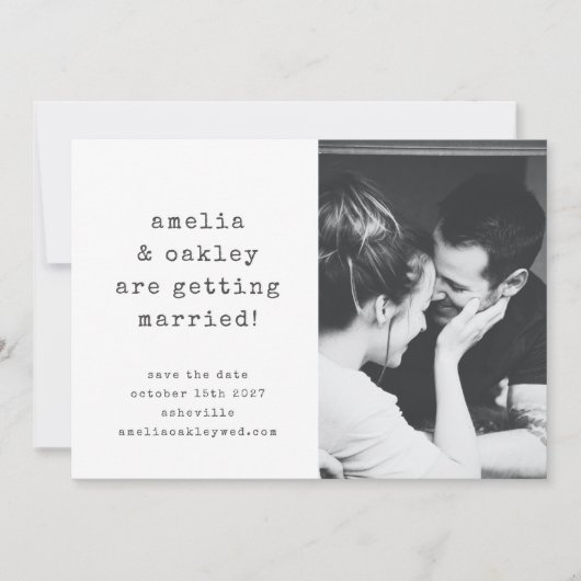 ミニマルレトロタイプライター結婚ホワイトの写真 セーブザデート (正面)