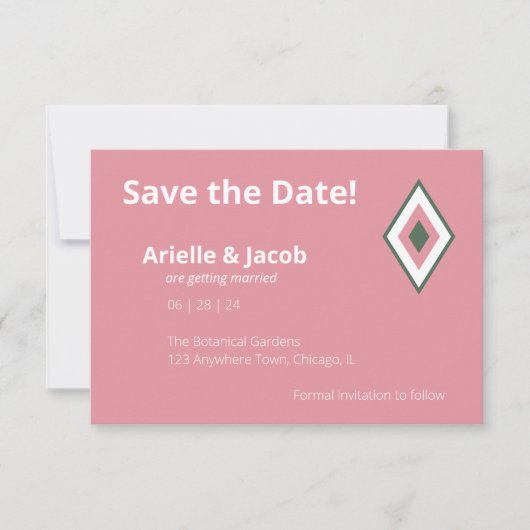 ミニマルレトロピンク&ハンターグリーンSave the Date 招待状 (正面)
