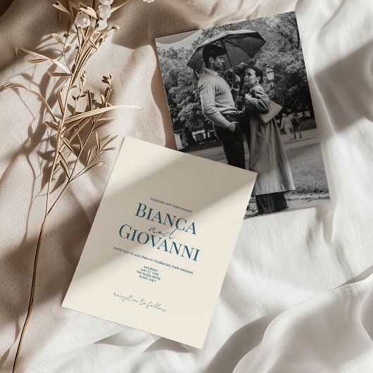 ミニマルレトロブルータイポグラフィ結婚ズ 招待状