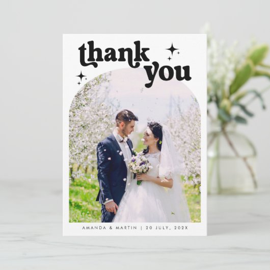 ミニマルレトロ結婚の写真サンキューカード サンキューカード (スタンド正面)