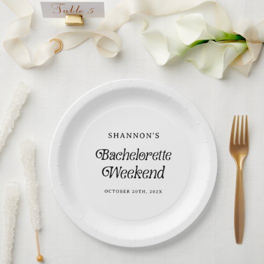 ミニマルレトロ ブラック＆ホワイト バチェロレッテウィークエンド ペーパープレート (ウェディング)