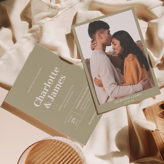 ミニマルレトロSage Green Photo Script結婚's 招待状