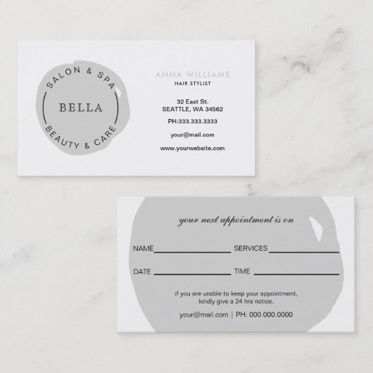 ミニマルロゴグレーサロンとスパアポイントメントカード 予約カード (正面/裏面)