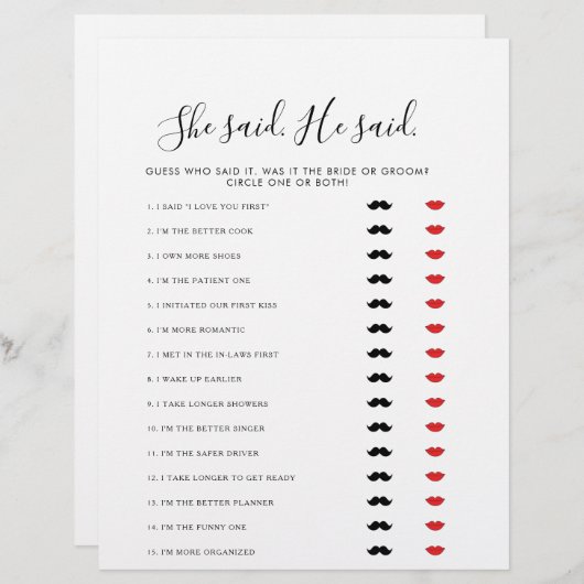 ミニマル主義者の彼は彼女はブライダルシャワーゲームを言った (正面/裏面)