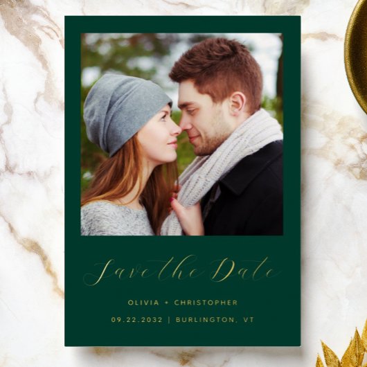 ミニマル写真エメラルドグリーン金ゴールドスクリプト 箔招待状