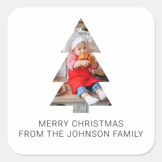 ミニマル写真クリスマスツリーラベル、クロップ スクエアシール (正面)