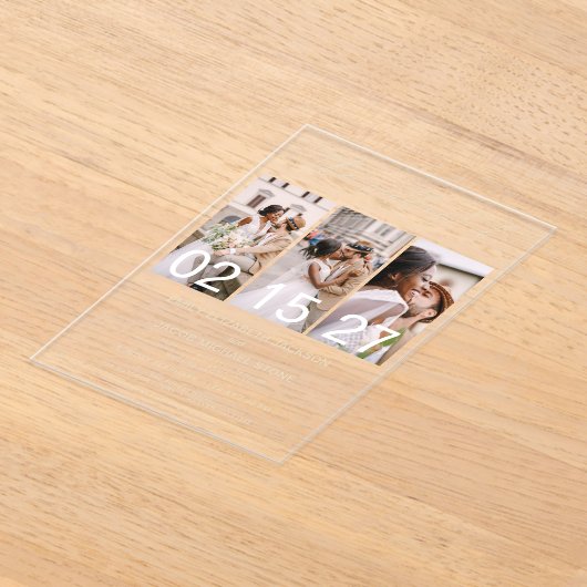 ミニマル写真シャンパンベージュ結婚の3枚の写真 アクリル招待状 (レイダウン)