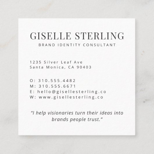 ミニマル写真シンプルプロフェッショナル名モダン スクエア名刺 (裏面)