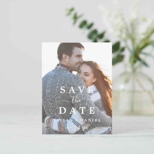 ミニマル写真テンプレート日付の保存 インビテーションポストカード (スタンド正面)