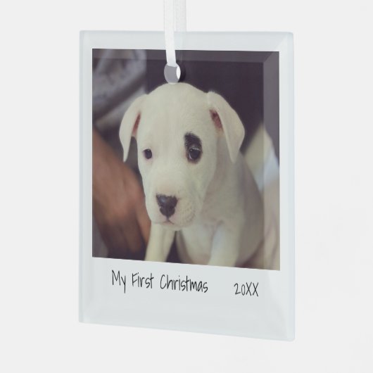 ミニマル写真ペット初めてのクリスマス ガラスオーナメント (正面左)