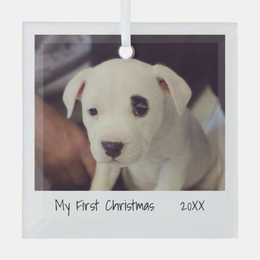 ミニマル写真ペット初めてのクリスマス ガラスオーナメント (正面)