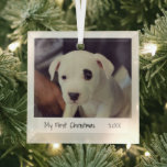 ミニマル写真ペット初めてのクリスマス ガラスオーナメント<br><div class="desc">ミニマルスタイルのクリスマスオーナメントシンプルは、新しい子犬や子猫の写真と「私の初めてのクリスマス」の写真と手書きスクリプトの年を備えたデザインを搭載。この可愛いオーナメント素晴らしは、最近の猫や犬得を飼っている人に贈り物をする。</div>