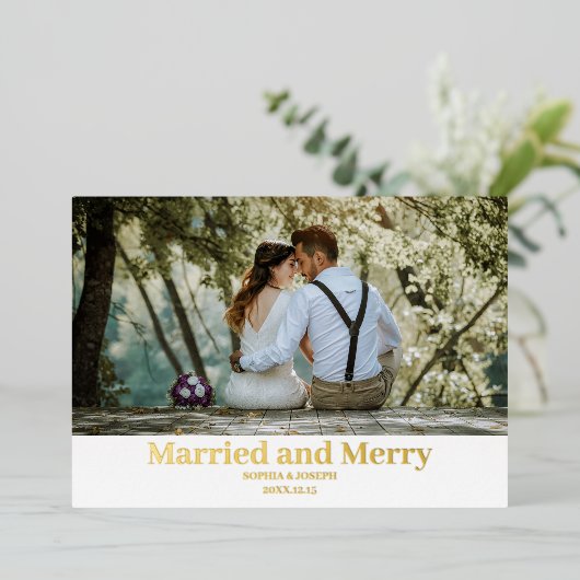 ミニマル写真メリーと新結婚した婚 箔シーズンカード (立ち正面)