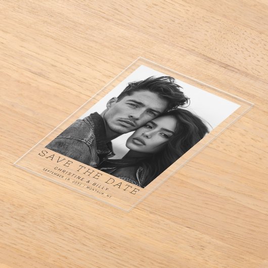 ミニマル写真モダン結婚式の日付の保存 アクリル招待状 (レイダウン)