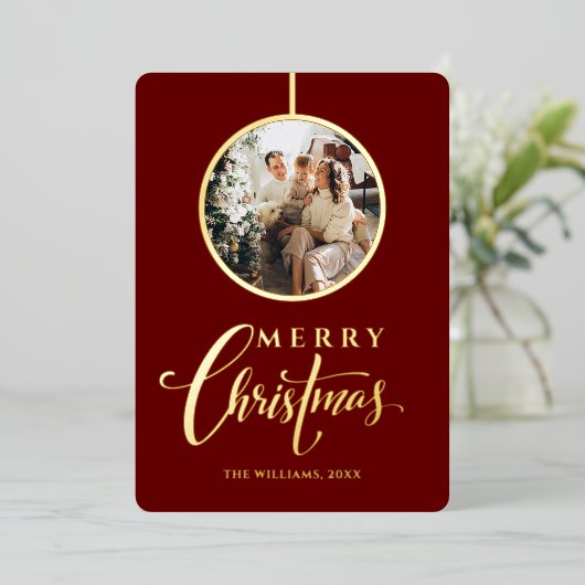 ミニマル写真モダン金ゴールドクリスマス 箔シーズンカード (立ち正面)