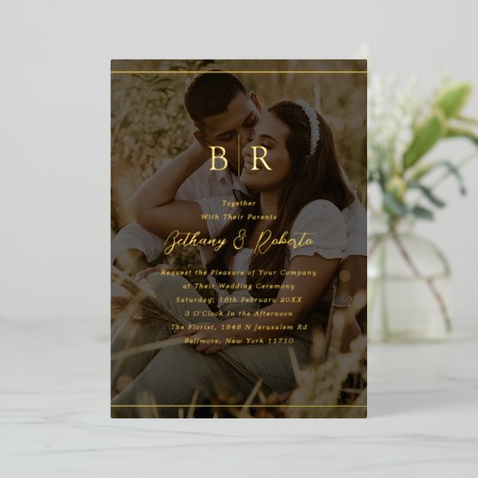 ミニマル写真モノグラム結婚ズ 箔招待状 (立ち正面)