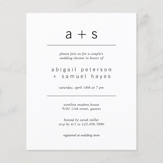 ミニマル写真予算ウェディングシャワー招待状 (正面)