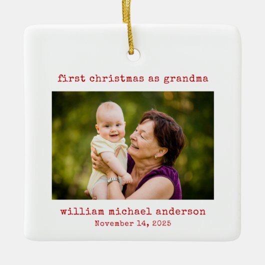 ミニマル写真初めてのクリスマスおばあちゃん セラミックオーナメント (正面)