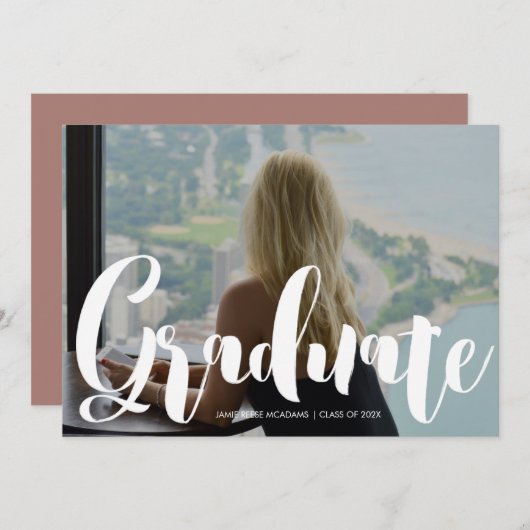 ミニマル写真卒業パーティーピンクの発表 案内状 (正面/裏面)