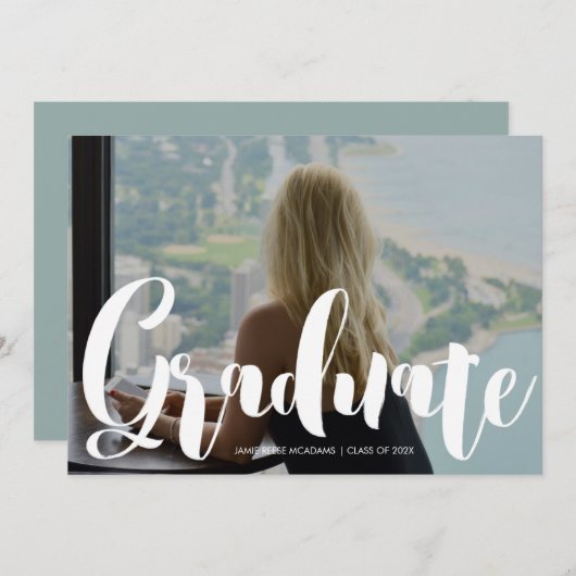 ミニマル写真卒業パーティーブルーアナウンセメン 案内状 (正面/裏面)