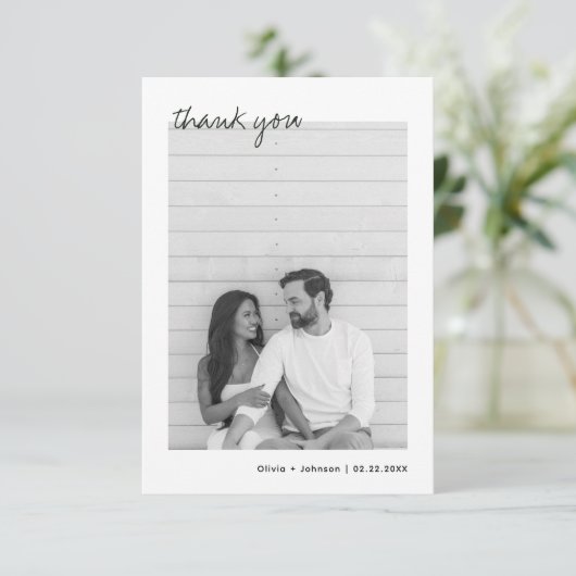 ミニマル写真手描きブーケ結婚ス サンキューカード (スタンド正面)