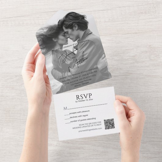 ミニマル写真書道QRコードすべて1つ オールインワン招待状 (貼ってはがせる)