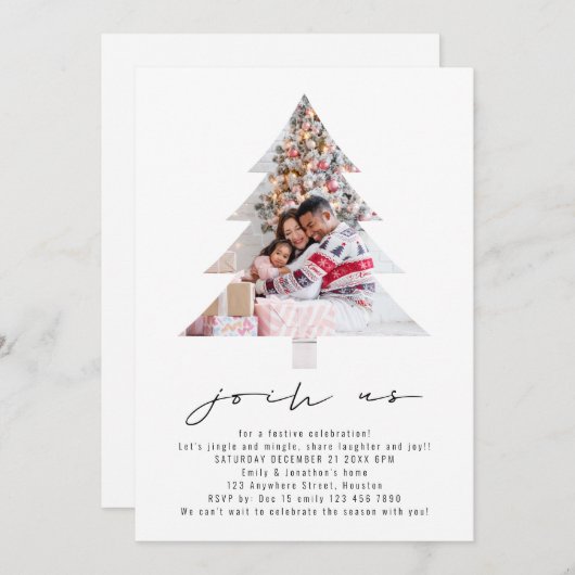 ミニマル写真木形状クリスマスパーティー 招待状 (正面/裏面)