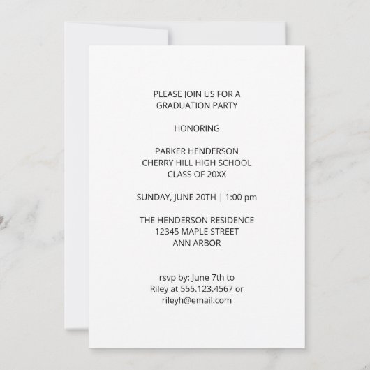 ミニマル写真海軍ブルー卒業パーティー 招待状 (裏面)