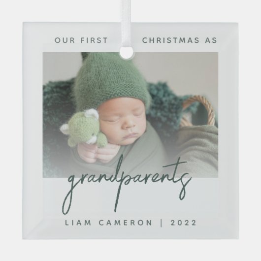 ミニマル写真祖父母1stクリスマスグリーン ガラスオーナメント (正面)