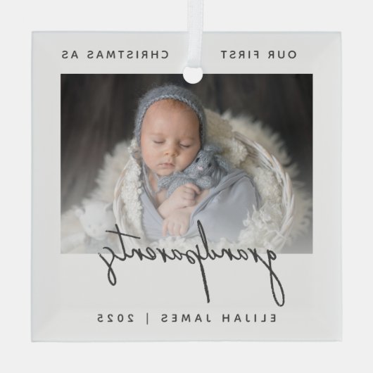 ミニマル写真祖父母1stクリスマスグレー ガラスオーナメント (裏面)