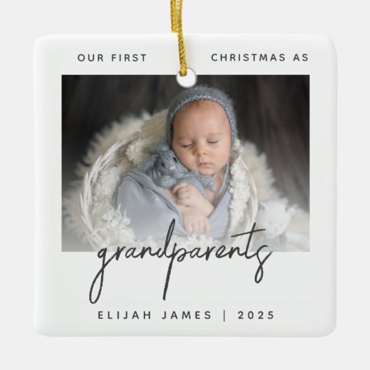ミニマル写真祖父母1stクリスマスグレー セラミックオーナメント (正面)