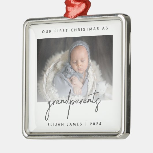 ミニマル写真祖父母1stクリスマスグレー メタルオーナメント (左)