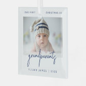 ミニマル写真祖父母1stクリスマスブルー ガラスオーナメント (正面左)