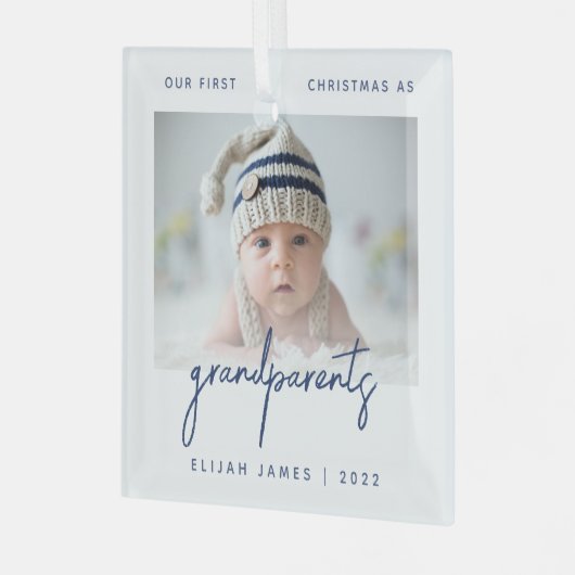 ミニマル写真祖父母1stクリスマスブルー ガラスオーナメント (正面左)