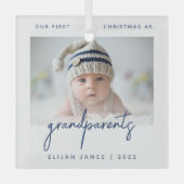 ミニマル写真祖父母1stクリスマスブルー ガラスオーナメント (正面)