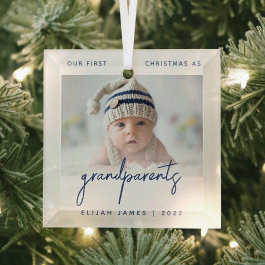 ミニマル写真祖父母1stクリスマスブルー ガラスオーナメント (インサイチュ)