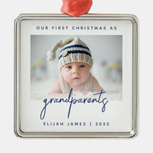 ミニマル写真祖父母1stクリスマスブルー メタルオーナメント